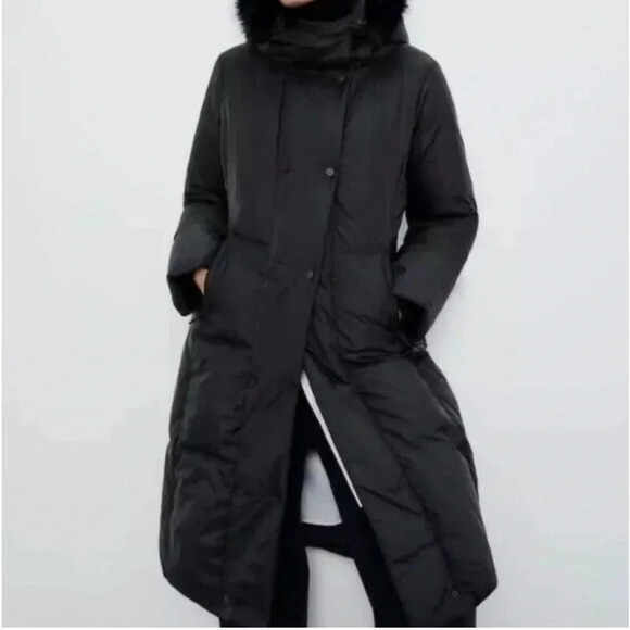 Zara Long Black Puffer  Coat Faux Fur Trim Hood XS - Picture 1 of 13